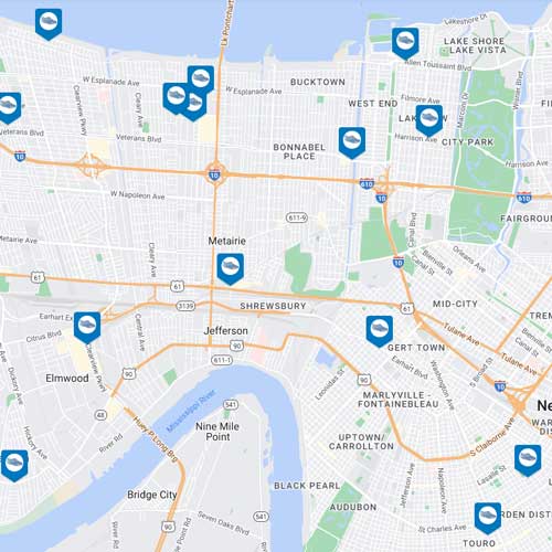 A map of new orleans with blue pins on it. A Map Of New Orleans With Blue Pins On It.