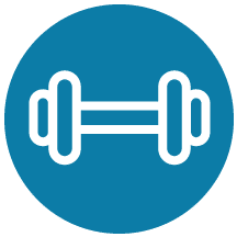 A dumbbell icon in a blue circle. A Dumbbell Icon In A Blue Circle.