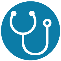A White Stethoscope Icon On A Round Blue Background, Representing Medical Or Healthcare.